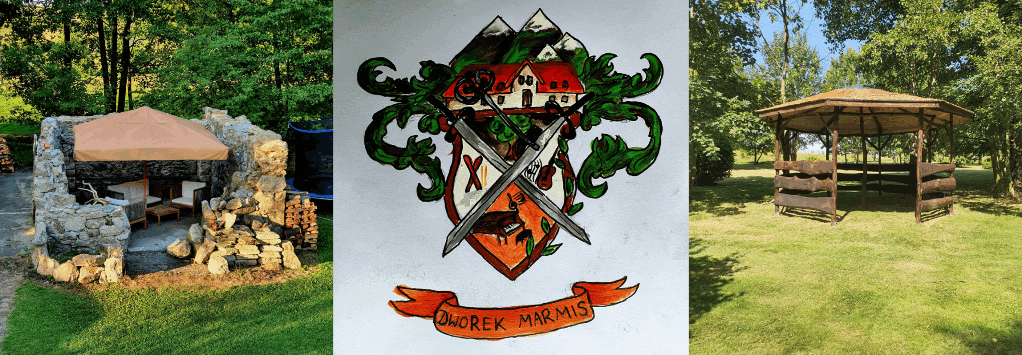 Unbenannt 3 - Dworek Marmis Blick auf das Herrenhaus von Marmis mit Steingebäude, Kamm mit Häusern und Gartenterrasse.